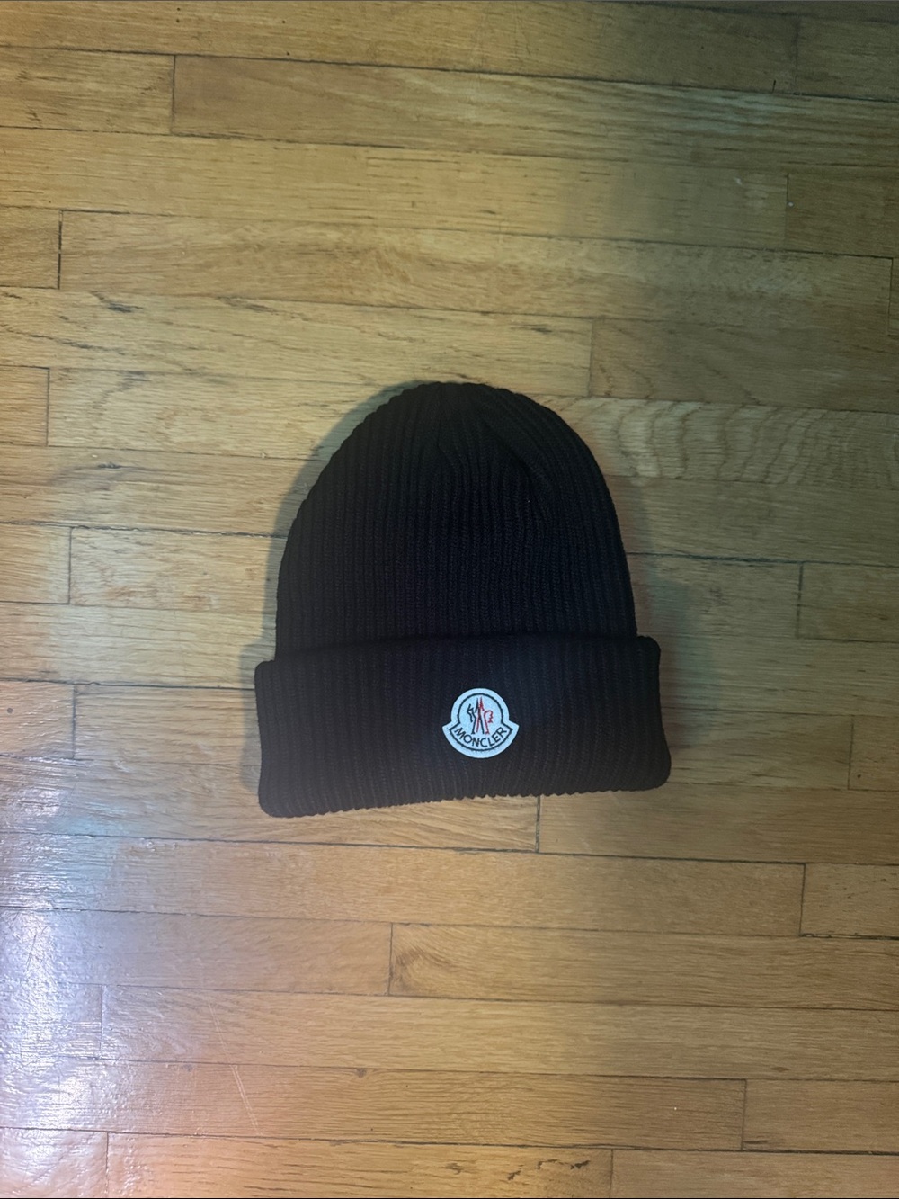 Moncler Black Ribbed Cuff Beanie with Logo Patch